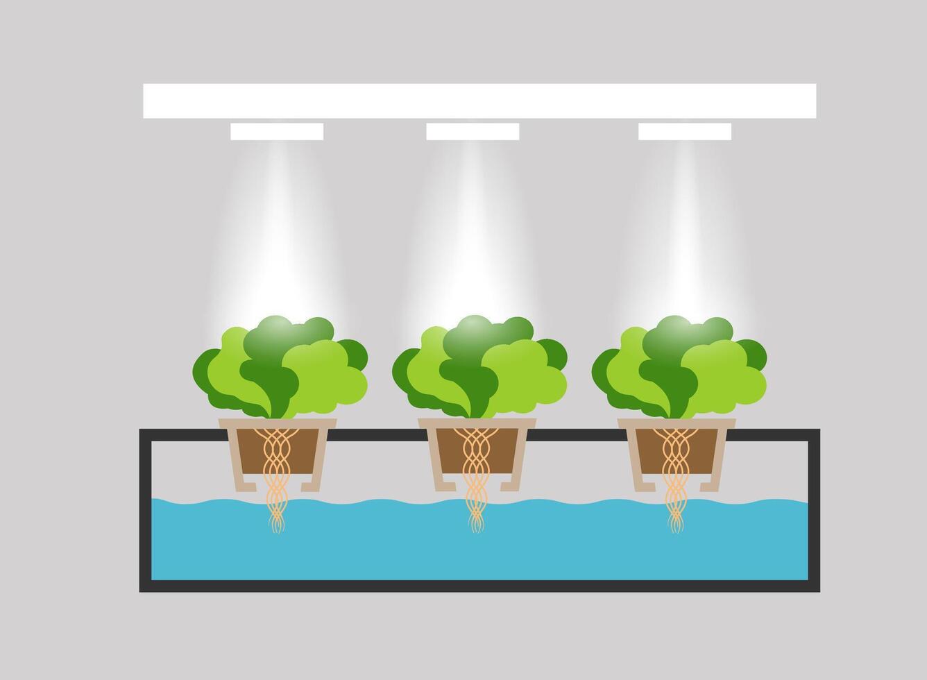 Green farming hydroponics aeroponics composition with plants and light vector