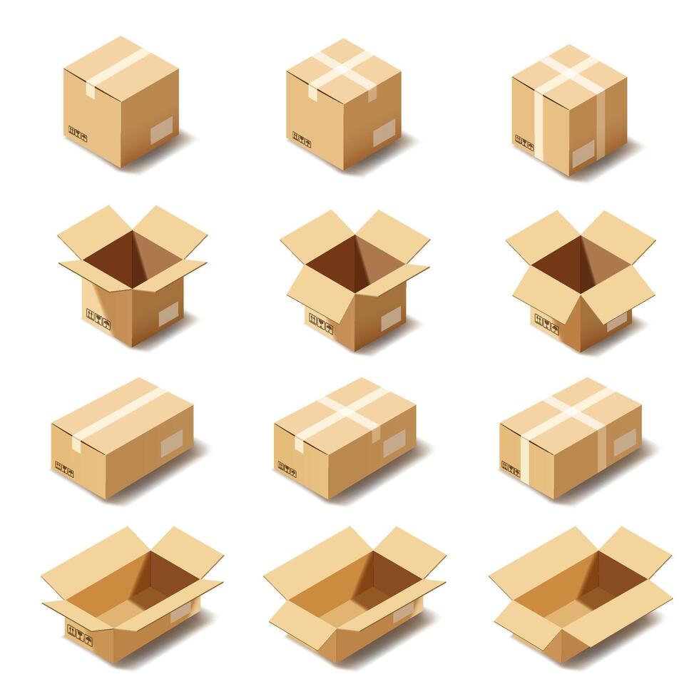 Big set of isometric realistic open and closed cardboard boxes vector
