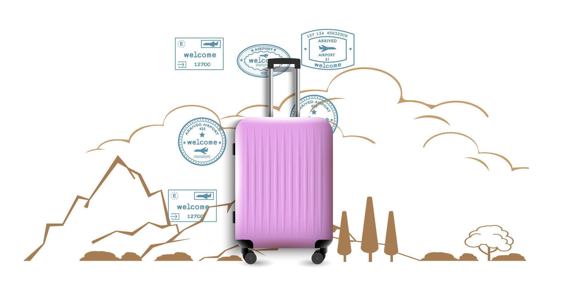 Lilac realistic suitcase 3d style with different travel elements vector
