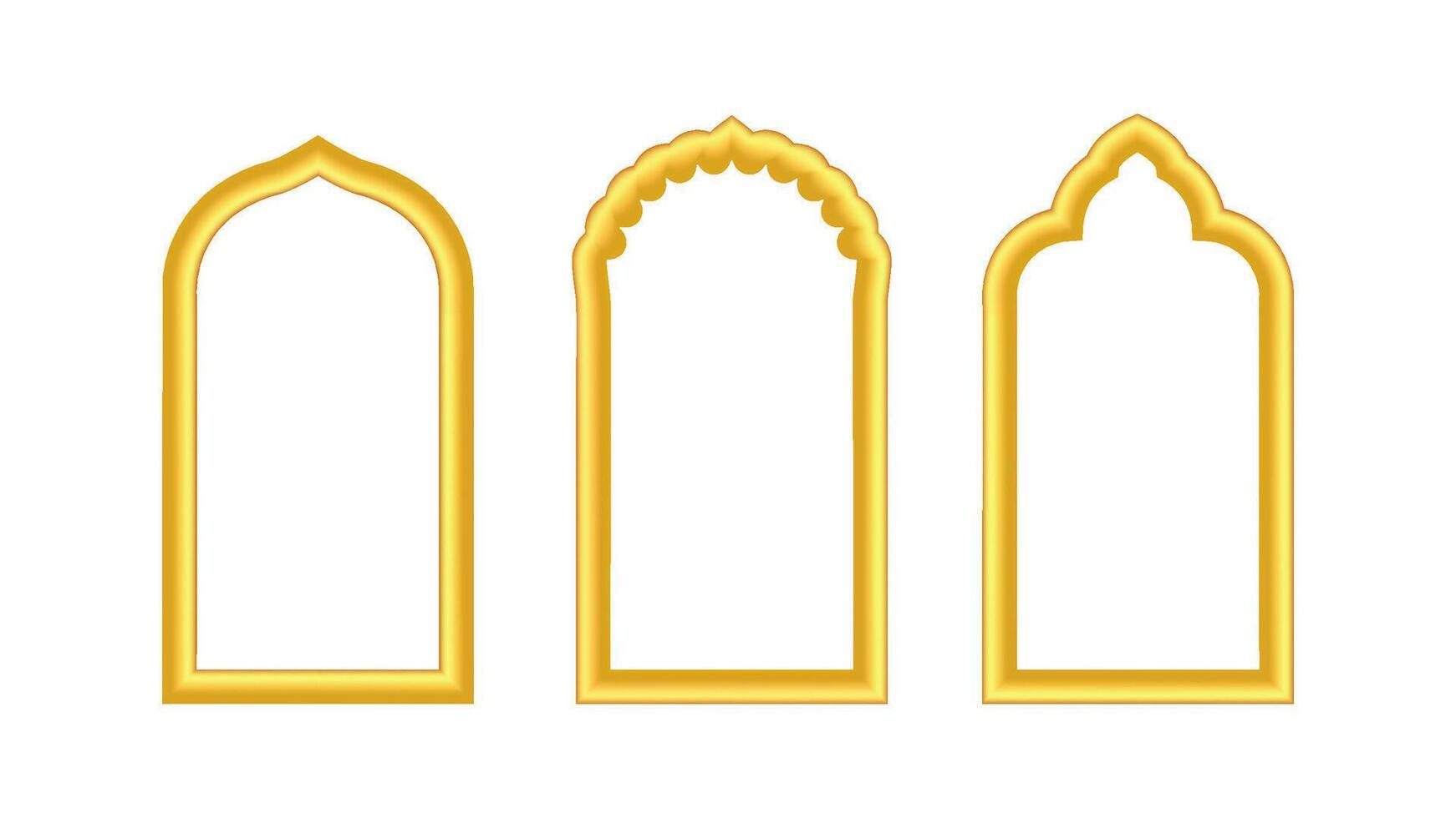 Golden 3D Ramadan frame with arabesque arch. Islamic eid background featuring mosque . Oriental decoration with festive arabian border. Kareem label set for traditional muslim design element. vector