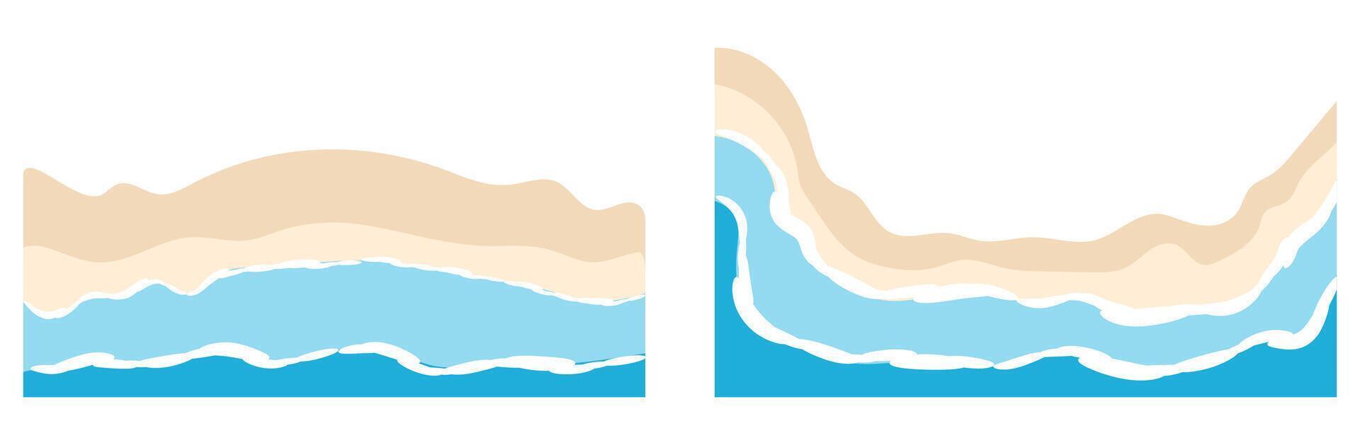 Summer beach bottom frame . Ocean water wave and sand border with foam background with flat texture. Seaside shore corner for voucher frame design. Photo collage from hot vacation on coast. vector