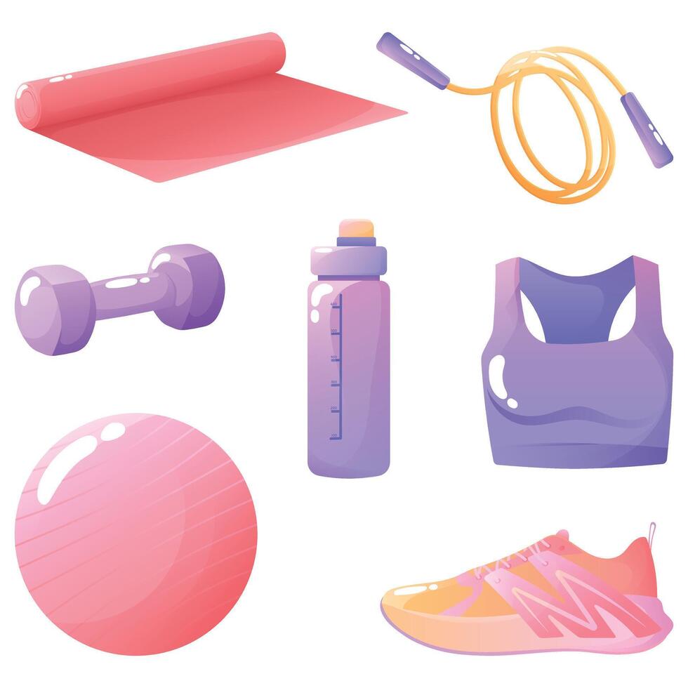 Sports fitness set, sports top, running shoes, dumbbells, mat, bottle, ball and skipping rope vector