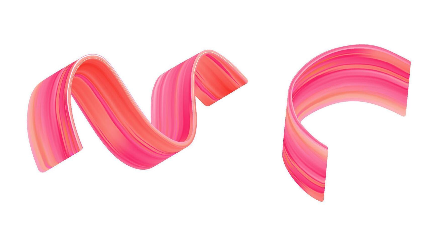 Abstract 3D brush ribbon with color stroke. Fluid red wave swirl in bright gradient. Pink cosmetic ink splash shape for modern motion design. Dynamic element isolated for creative wavy background vector