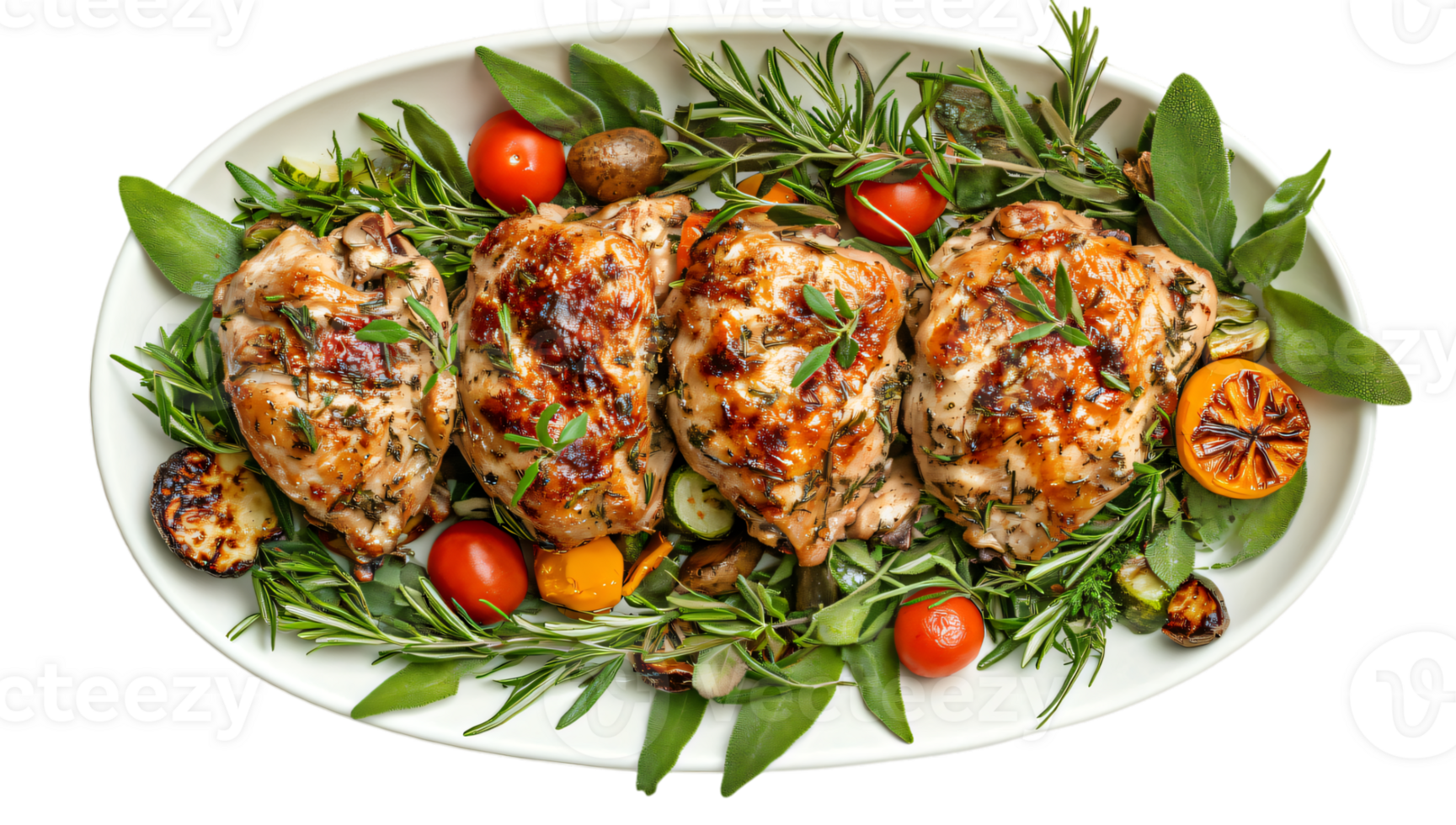 Roasted Chicken with Rosemary Sage and Herbs Grilled Vegetables Garnish Overhead Shot png
