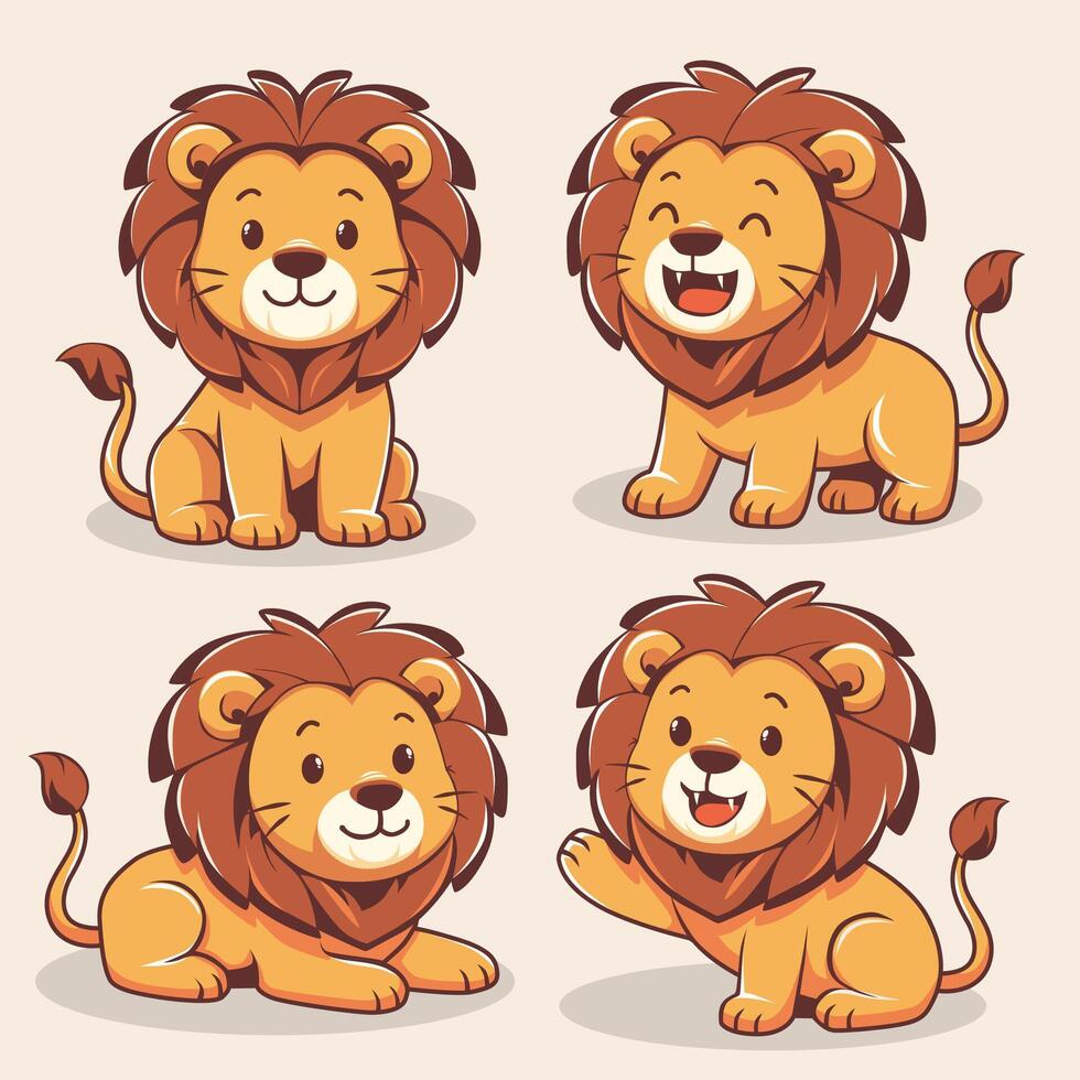 Set of Cute Lion Cartoon Characters with Various Expressions and Poses. Animal Clean Flat Illustration vector