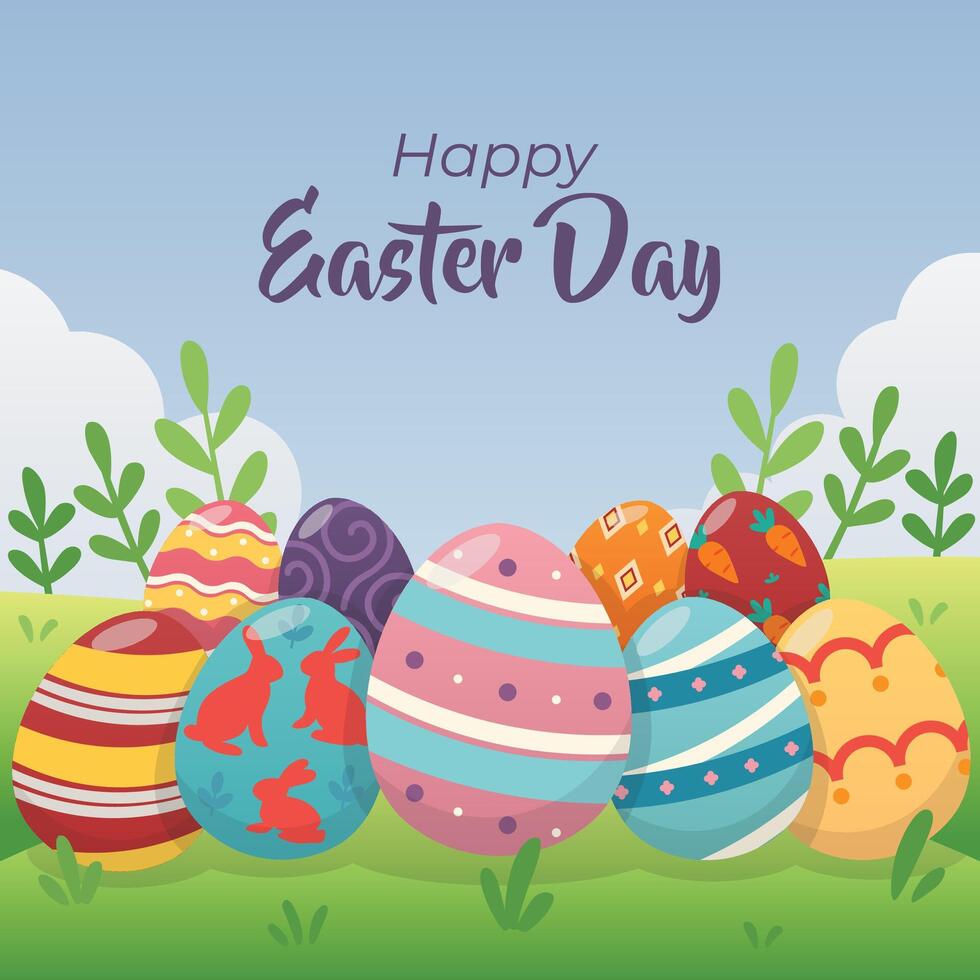 Happy Easter Day Flat Illustration with Various Eggs vector