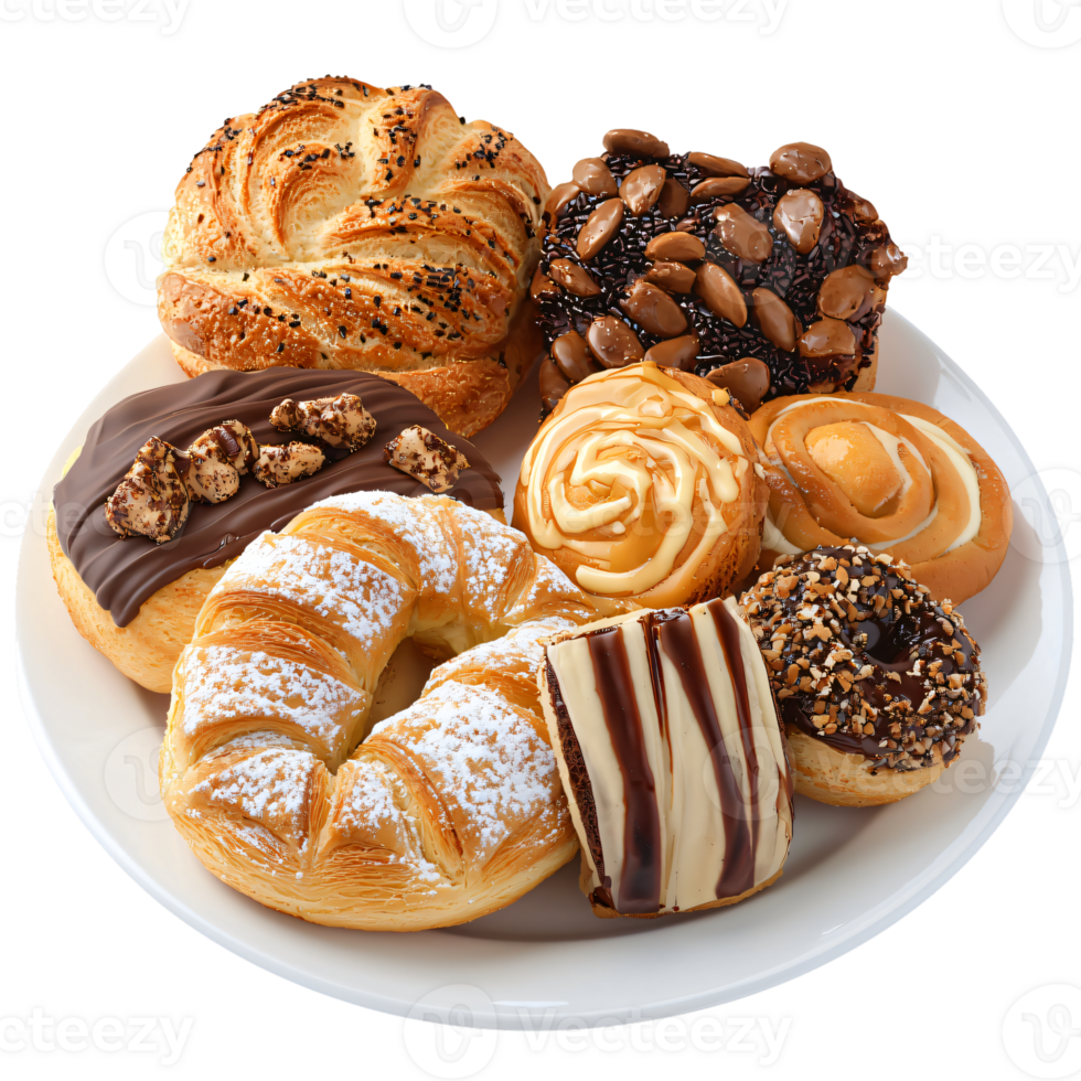 Assorted Delicious Pastries and Donuts on White Plate Croissant Swirls Chocolate Delights png