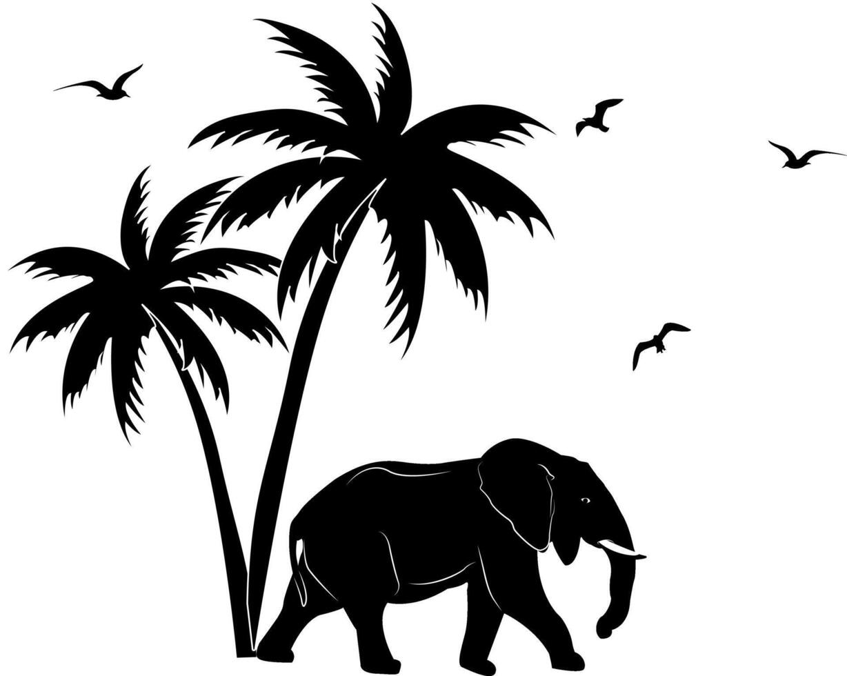 Elephant under a palm tree. Massive body, long trunk, large ears and strong legs. Image of strength, greatness and wisdom. vector