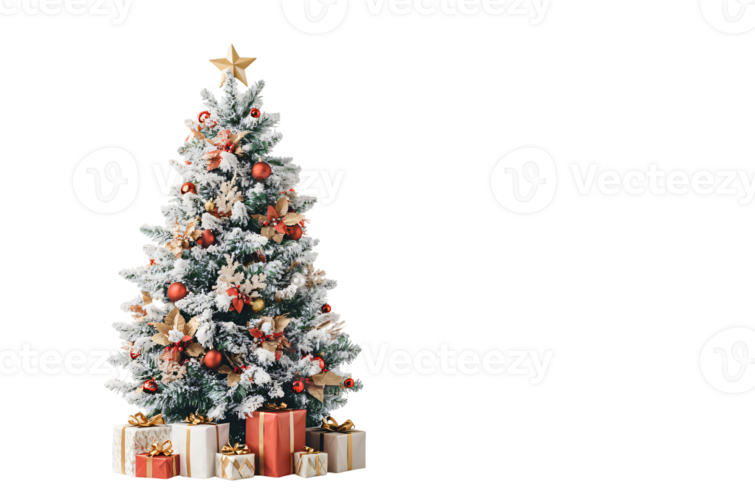 Festive Snow Covered Christmas Tree with Red and Gold Ornaments and Gifts png