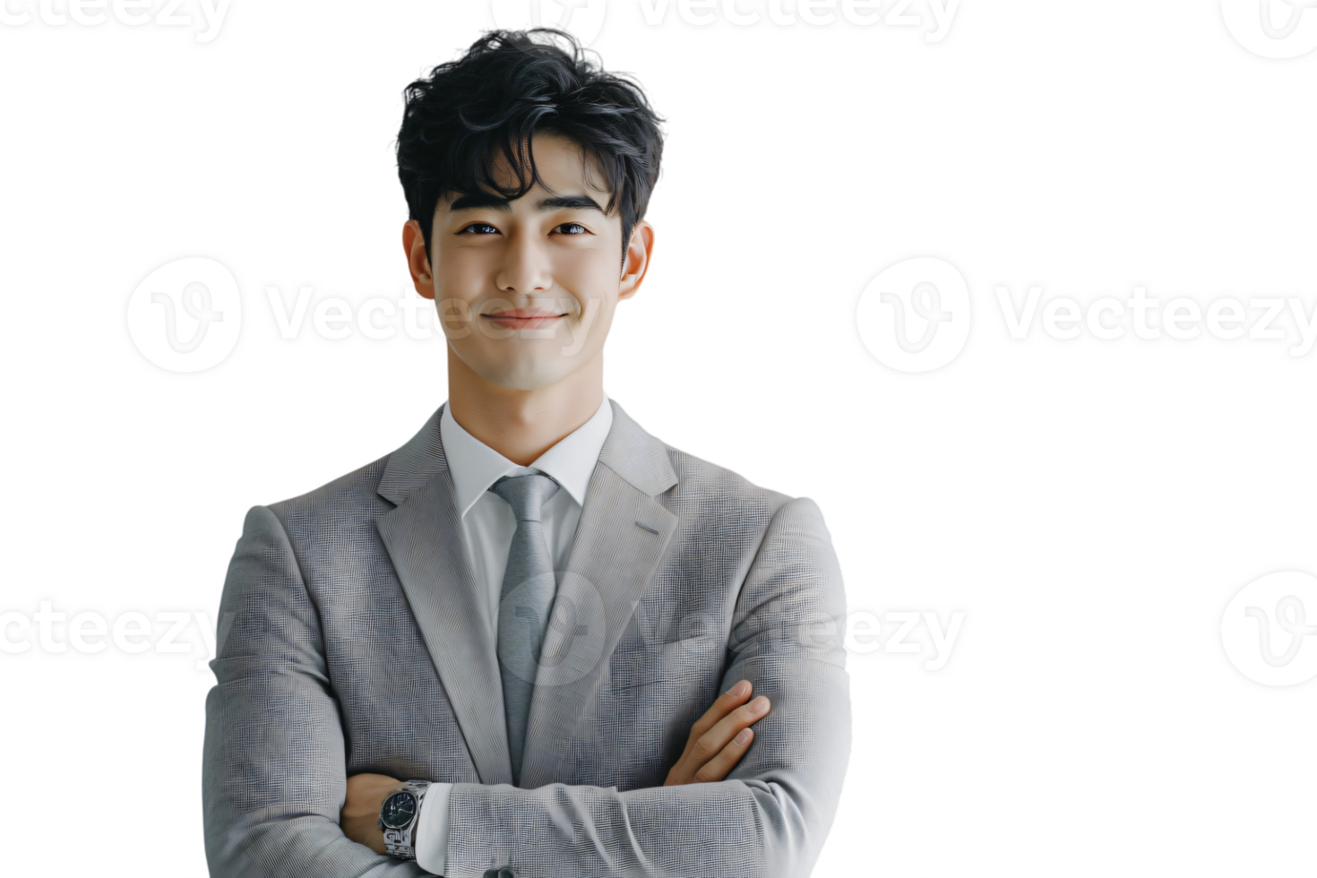 Confident Young Asian Businessman in Grey Suit Arms Crossed Studio Portrait png