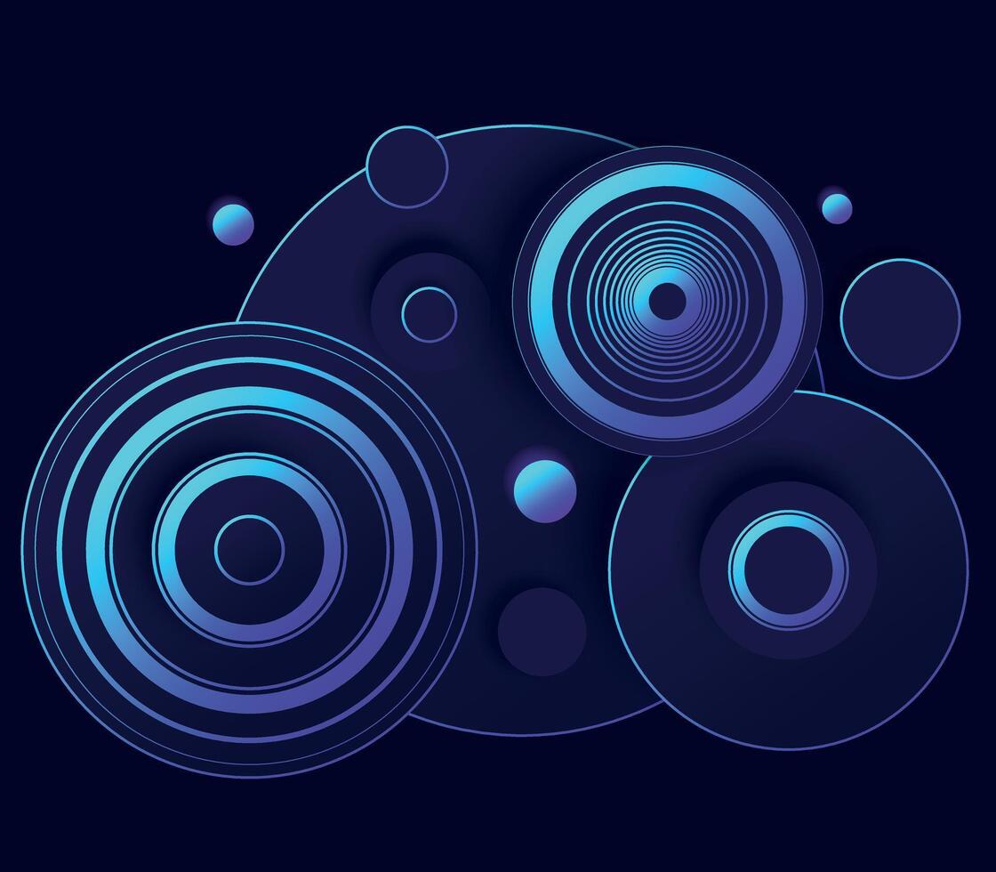 Futuristic Blue Circles and Orbs in Space. This digital artwork features glowing blue circles and orbs floating in a cosmic space-like environment, evoking a futuristic and technological feel. vector