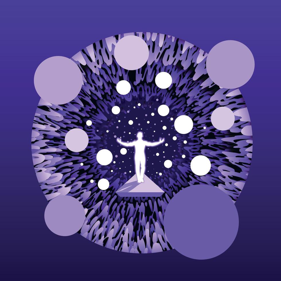 Abstract space figure on a platform slowly flying surrounded by shining spheres vector