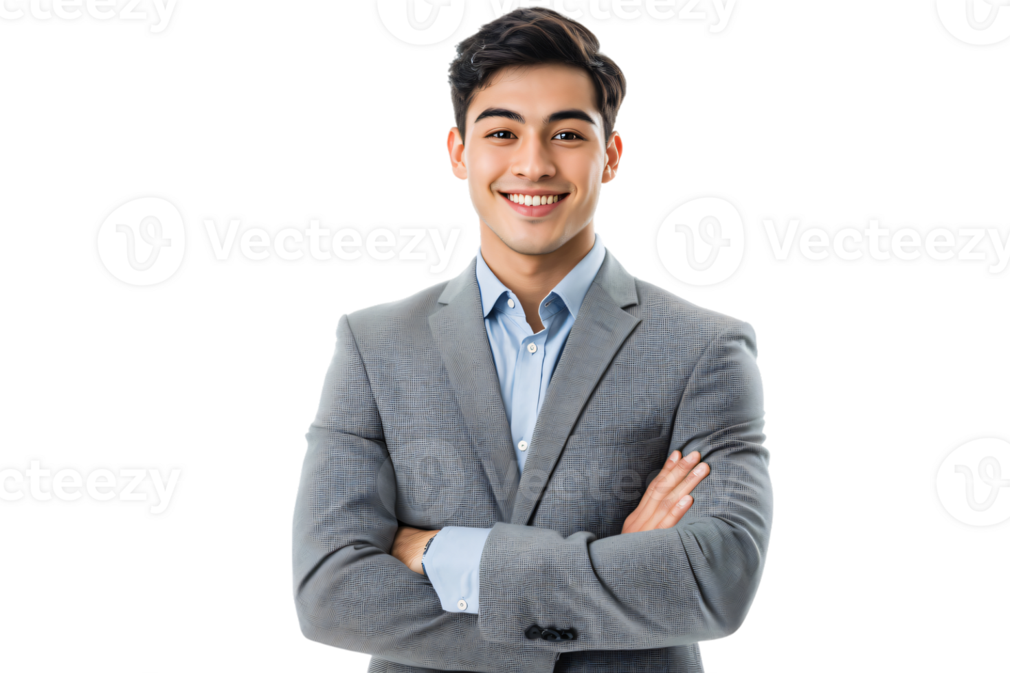 Confident Young Businessman in Gray Suit Smiling Portrait Arms Crossed png