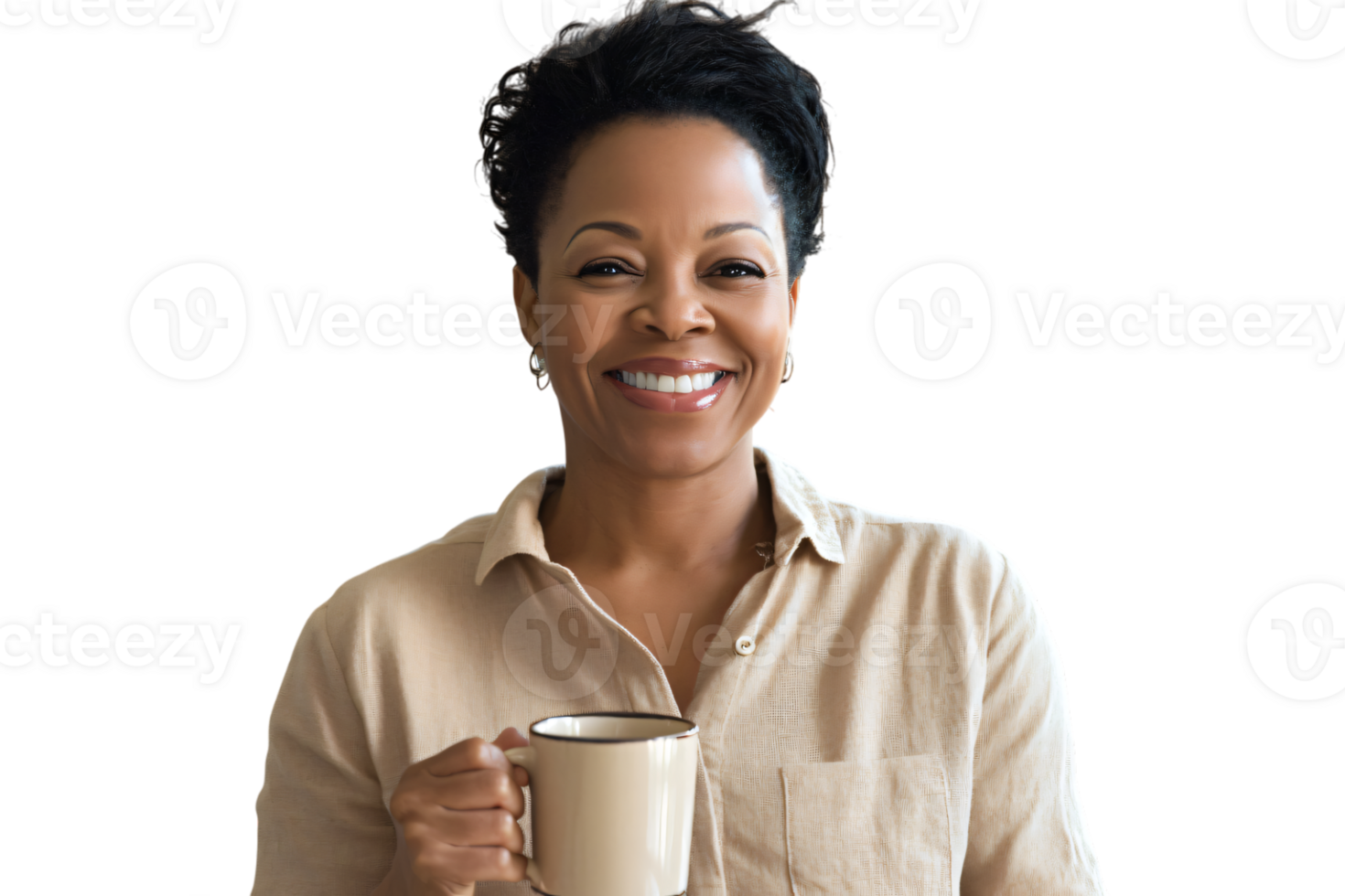Happy African American Woman Smiling Holding a Coffee Mug Casual Portrait png
