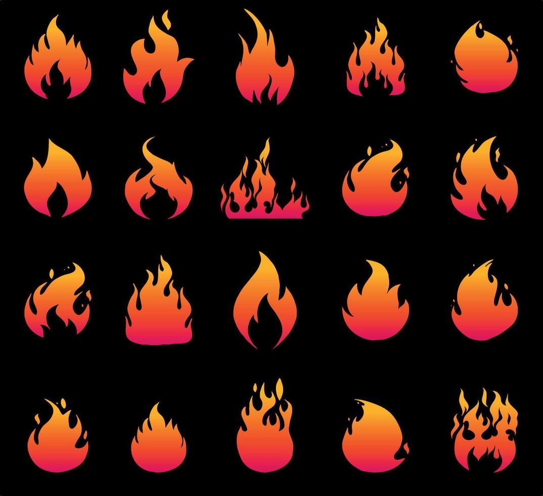 Collection of Red and Yellow Fire Flame Icons on Black vector