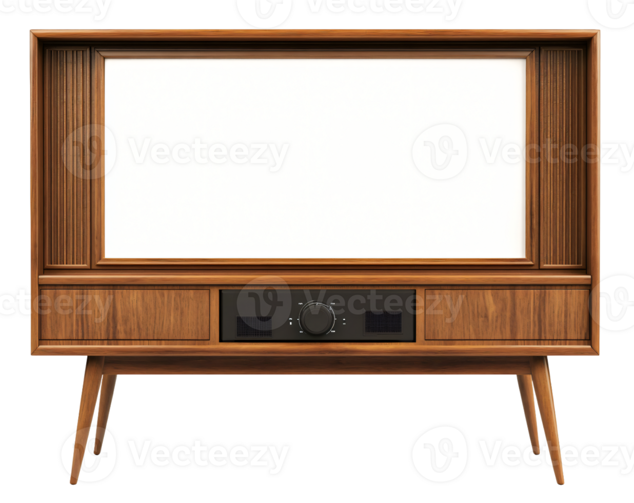 Vintage Mid Century Modern Wooden Television Set with Blank Screen Retro TV Console 1950s Style png