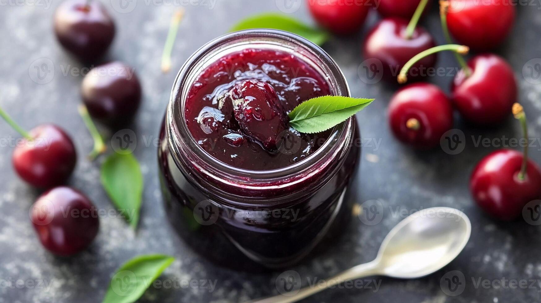 Cherry jam in a jar with cherries photo