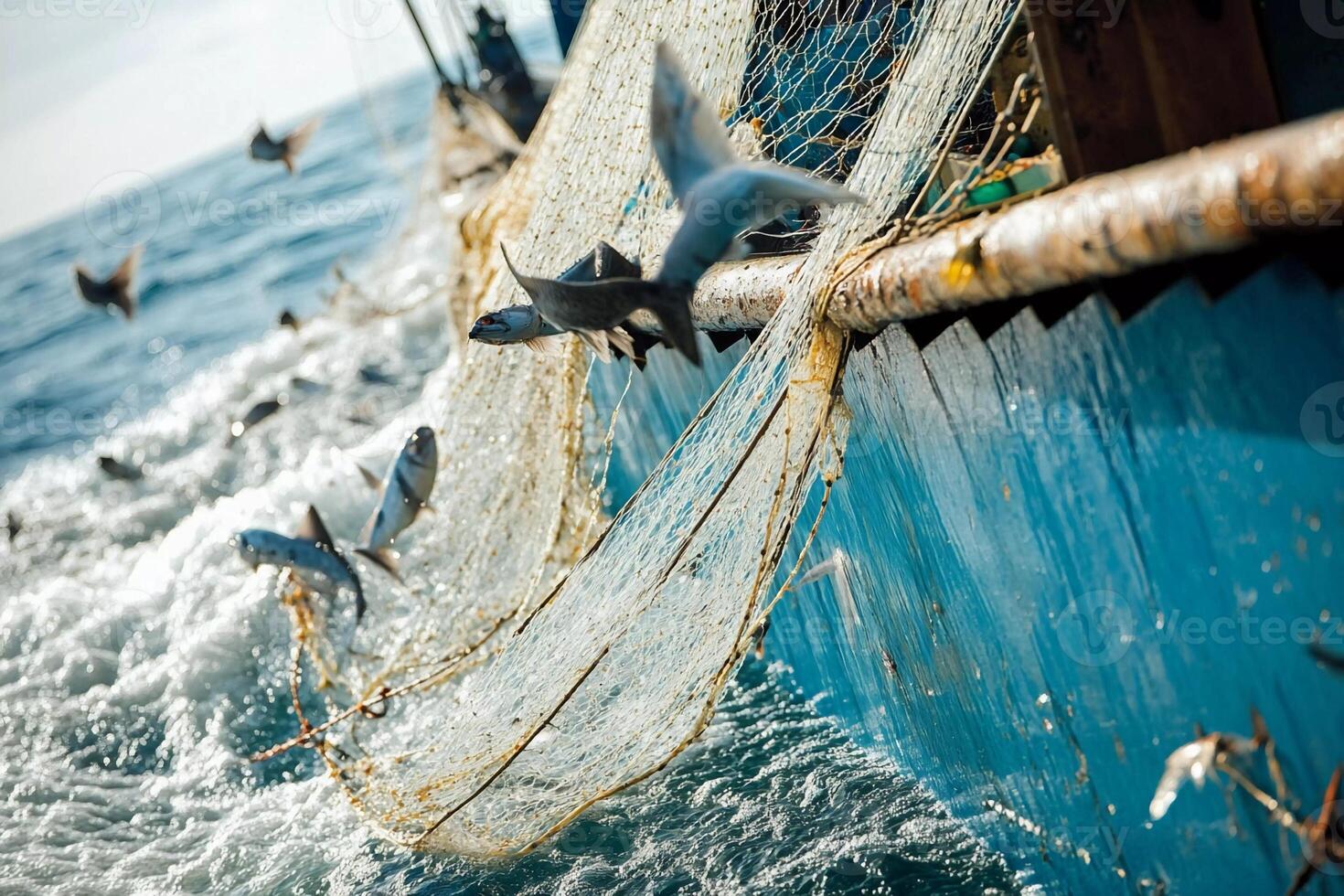 Fishing net cast into the ocean as fish jump out near a fishing boat in bright daylight photo