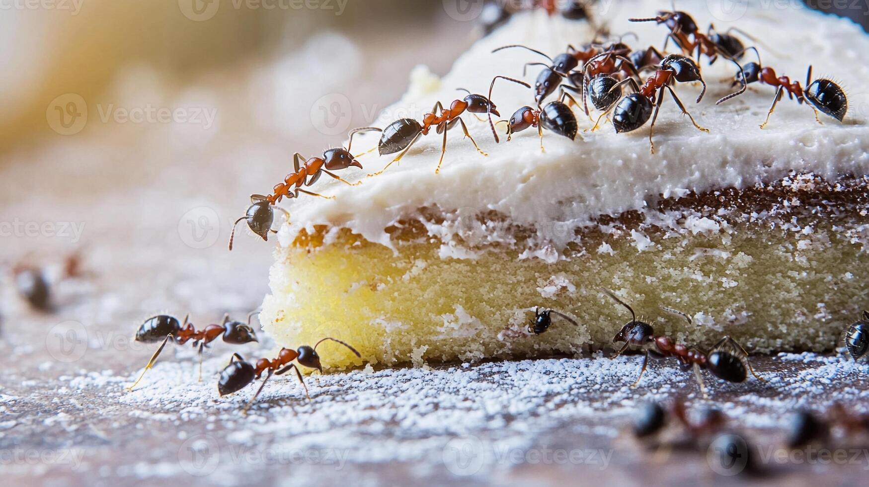 Ants are crawling over a piece of cake photo