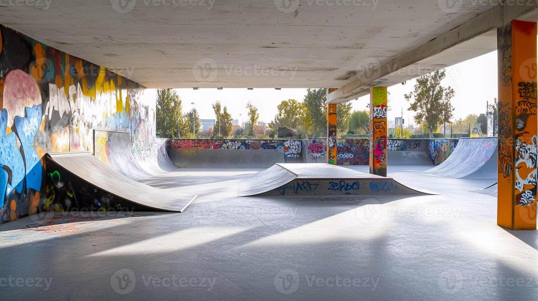 A skate park with many different skateboards and ramps photo