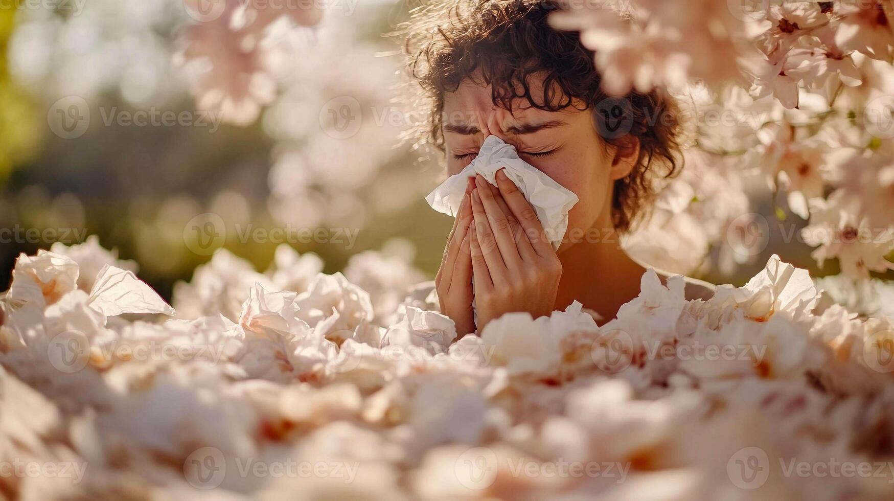 A woman blowing her nose in front of a bunch of flowers photo