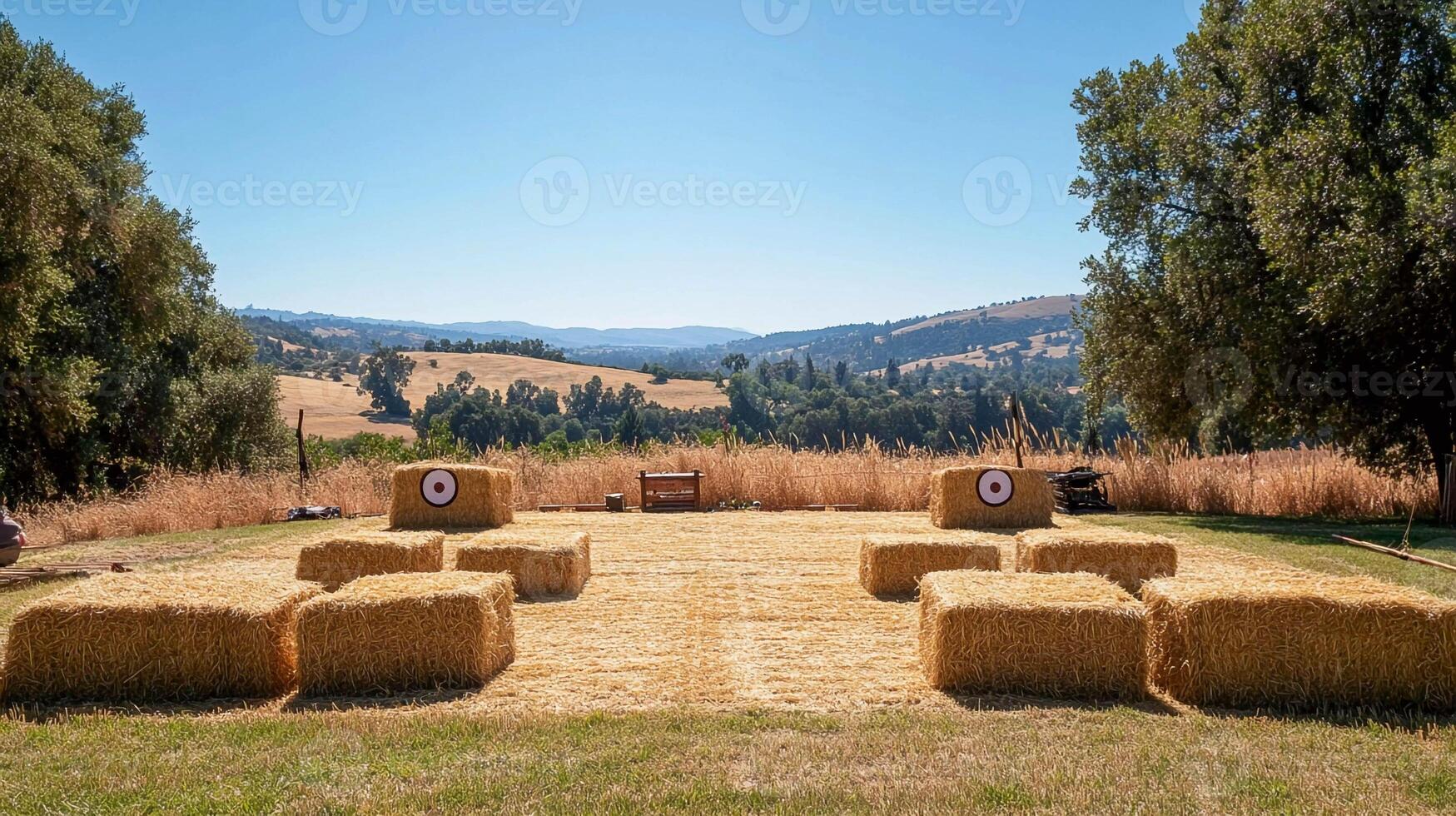 A hay bale field with a barn and trees photo