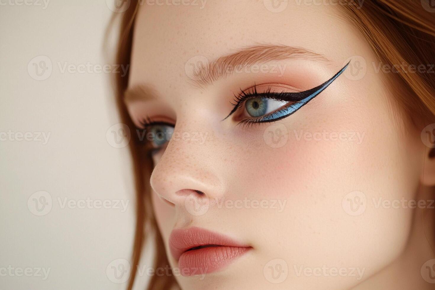 A woman with blue eyeliner and a blue eye shadow photo