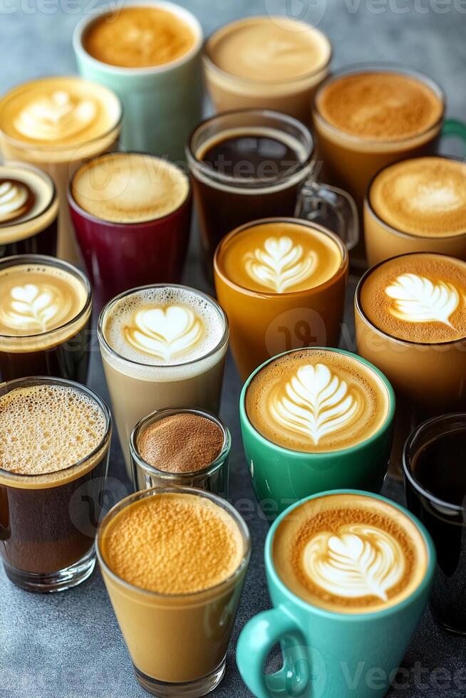 Coffees with intricate latte art presented in various colorful cups and glasses on a grey countertop photo