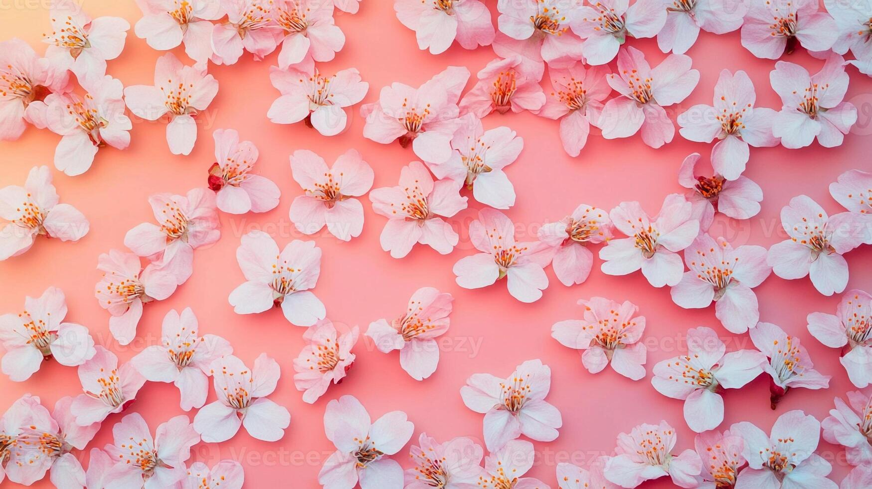 Pink cherry blossom petals scattered on a light pink background creating a vibrant spring aesthetic photo