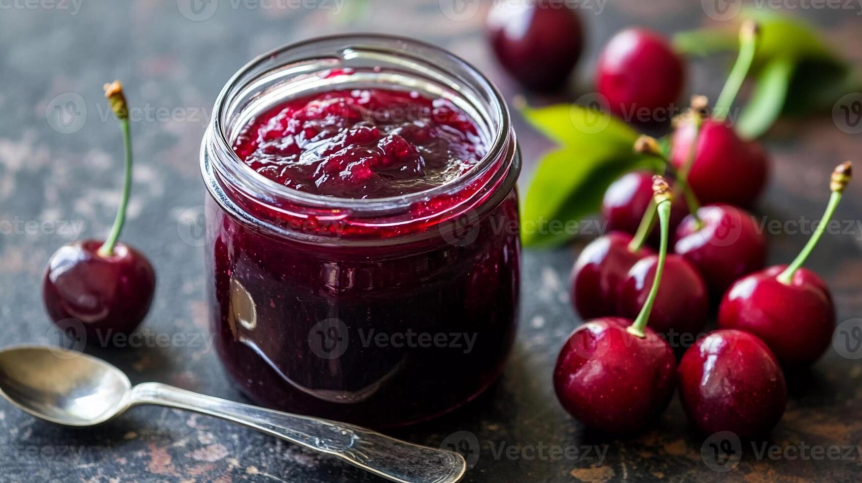 Cherry jam in a jar with cherries on a wooden table photo