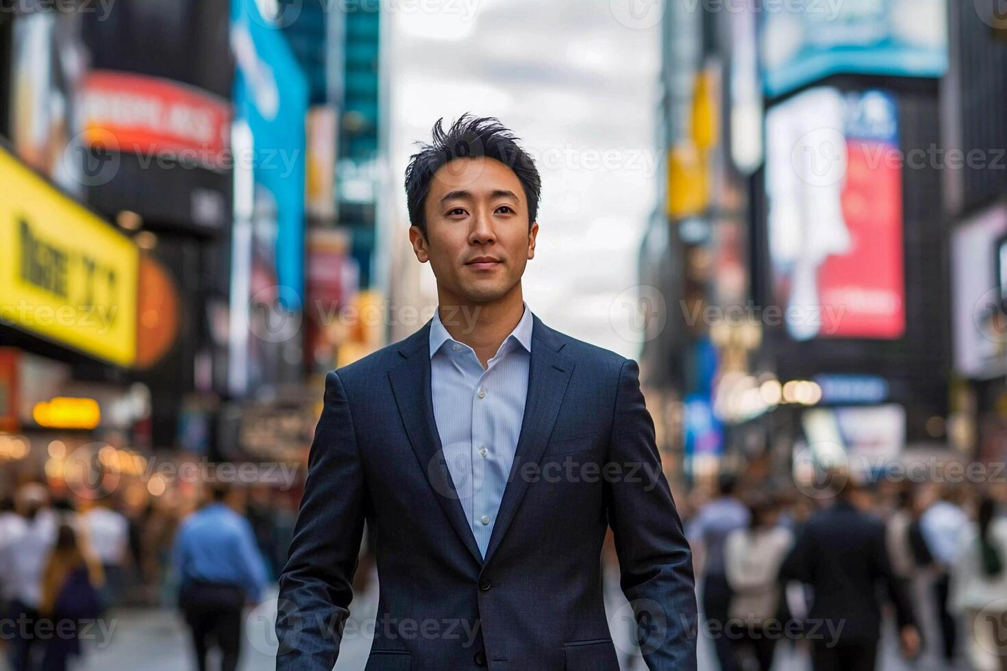 An asian man in a suit and tie standing in a busy city photo