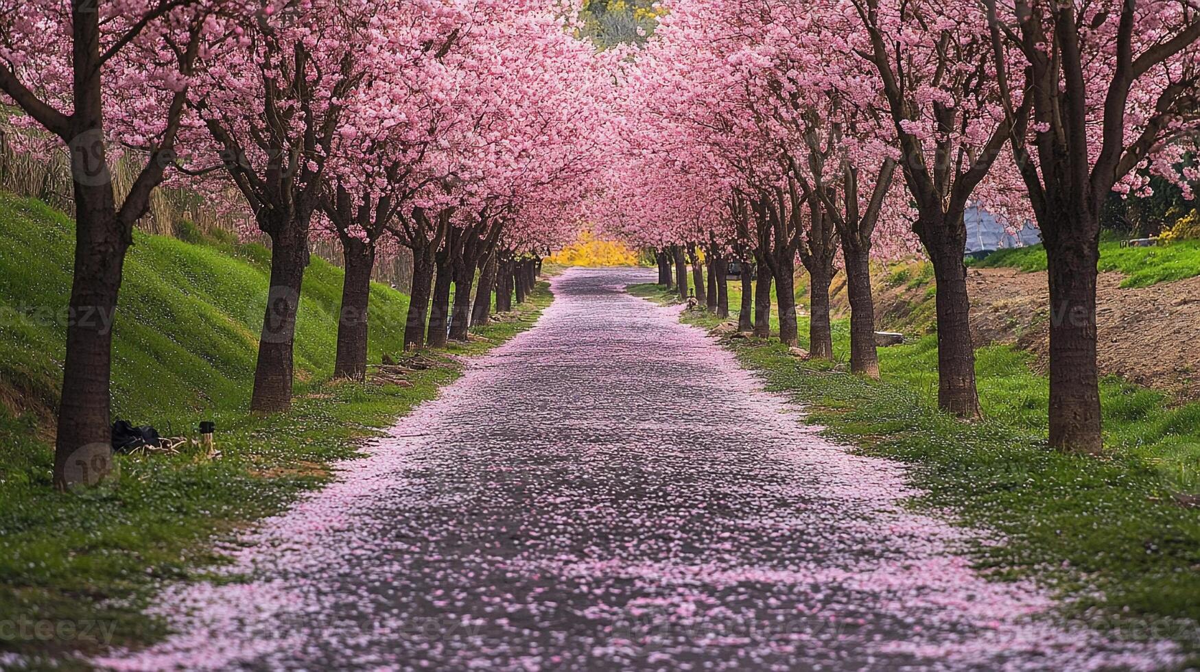 A path lined with pink trees and flowers photo