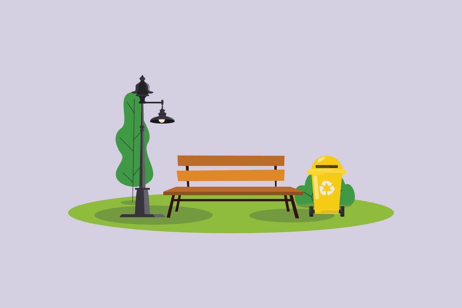 Park with lights and trash cans. Park bench concept. Colored flat illustration isolated vector