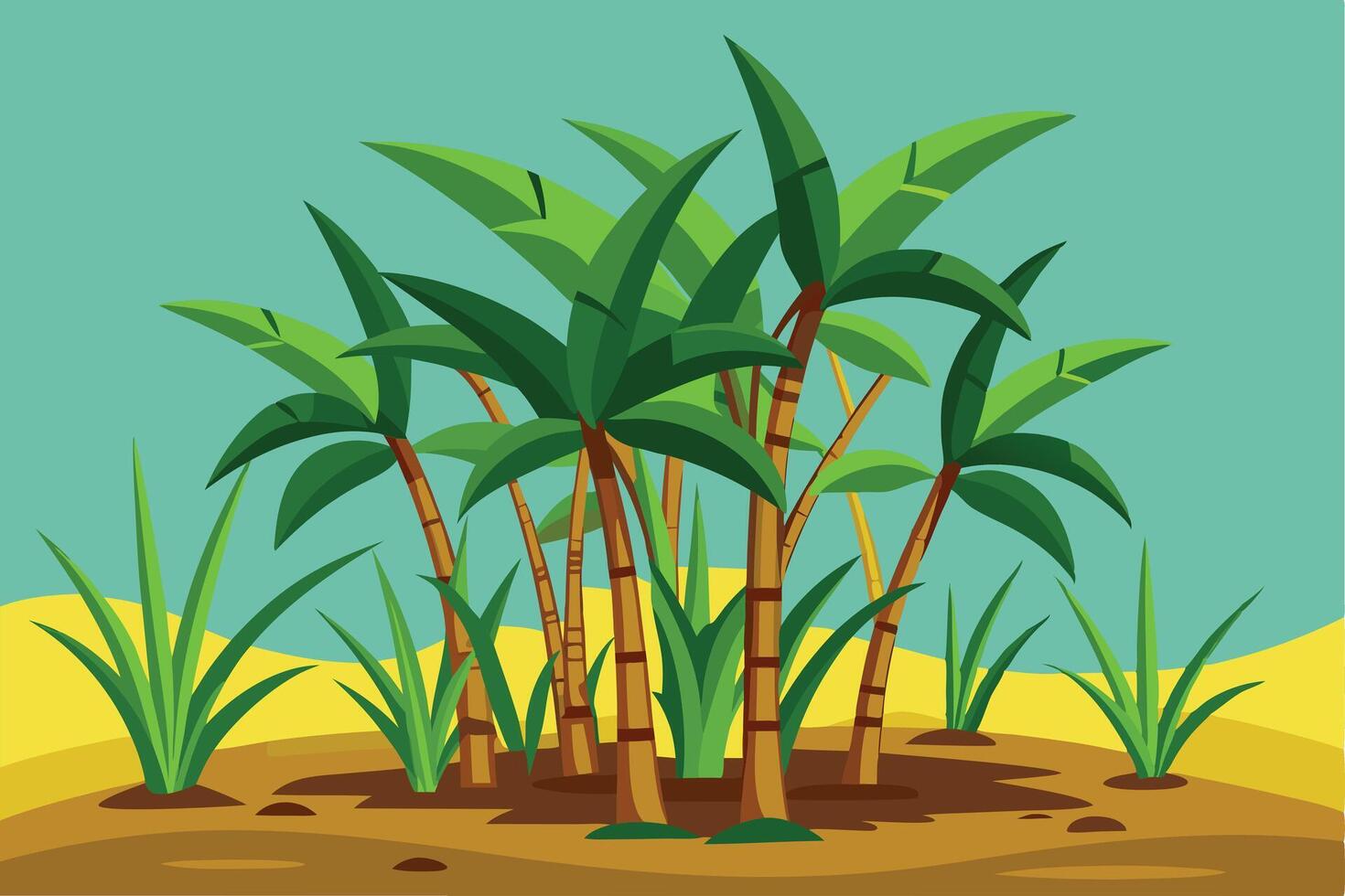 Vibrant palm trees in a desert landscape illustration. vector