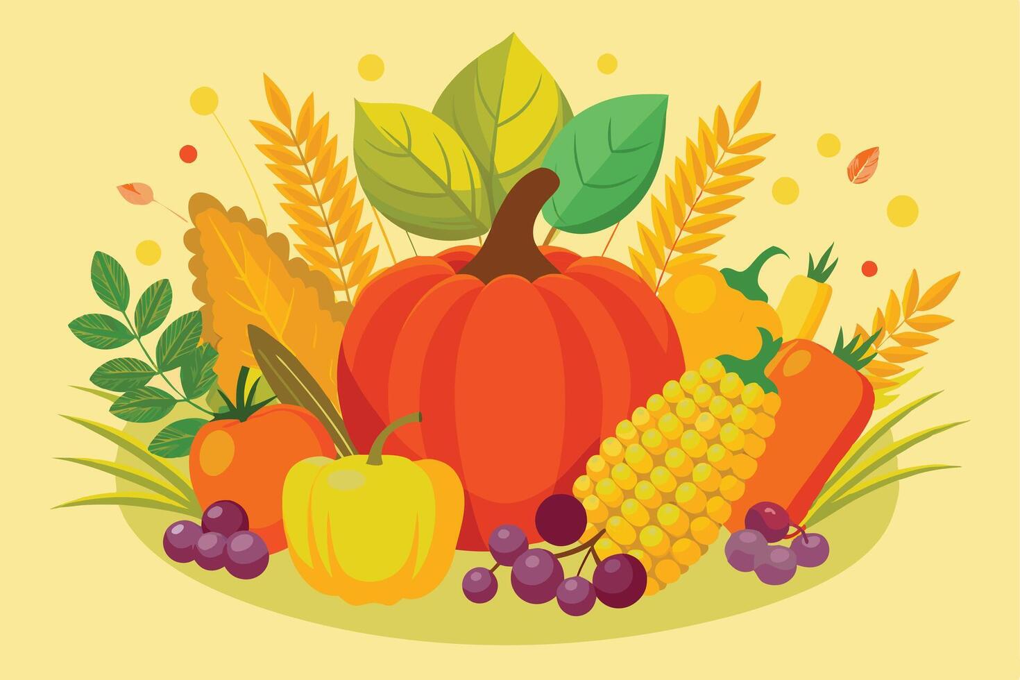 Colorful Autumn Harvest Illustration Featuring Pumpkins, Vegetables, and Berries vector