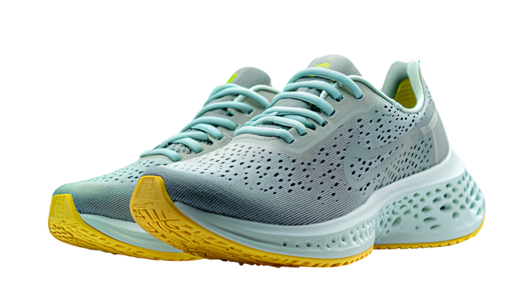 Stylish Grey and Teal Women s Running Shoes with Yellow Soles Perforated Design Modern Athletic png