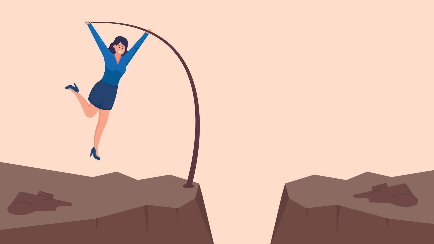 Illustration of Businesswoman Character Facing Challenges Character Symbol Jumping Long Cliff vector