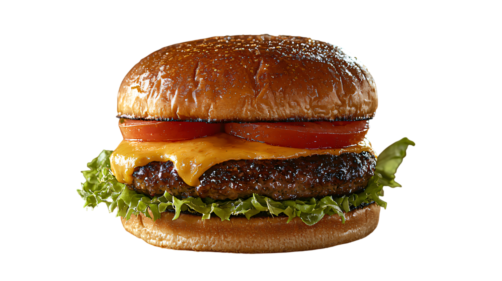 Juicy Cheeseburger with Melted Cheese Tomato and Lettuce on a Toasted Bun png