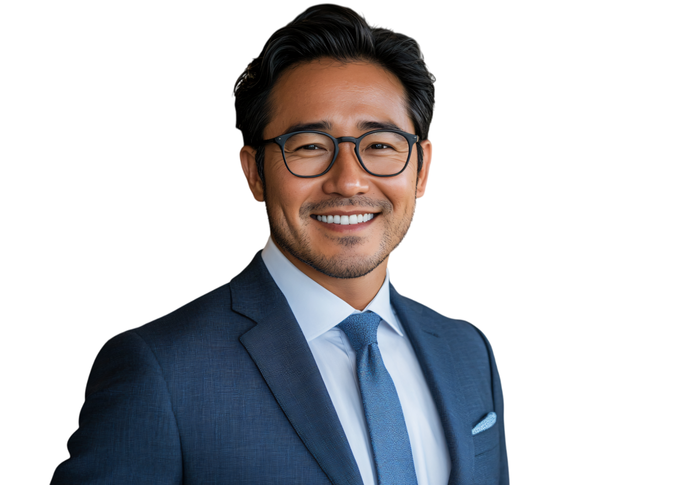 Confident Smiling Asian Businessman in Suit and Glasses Portrait png