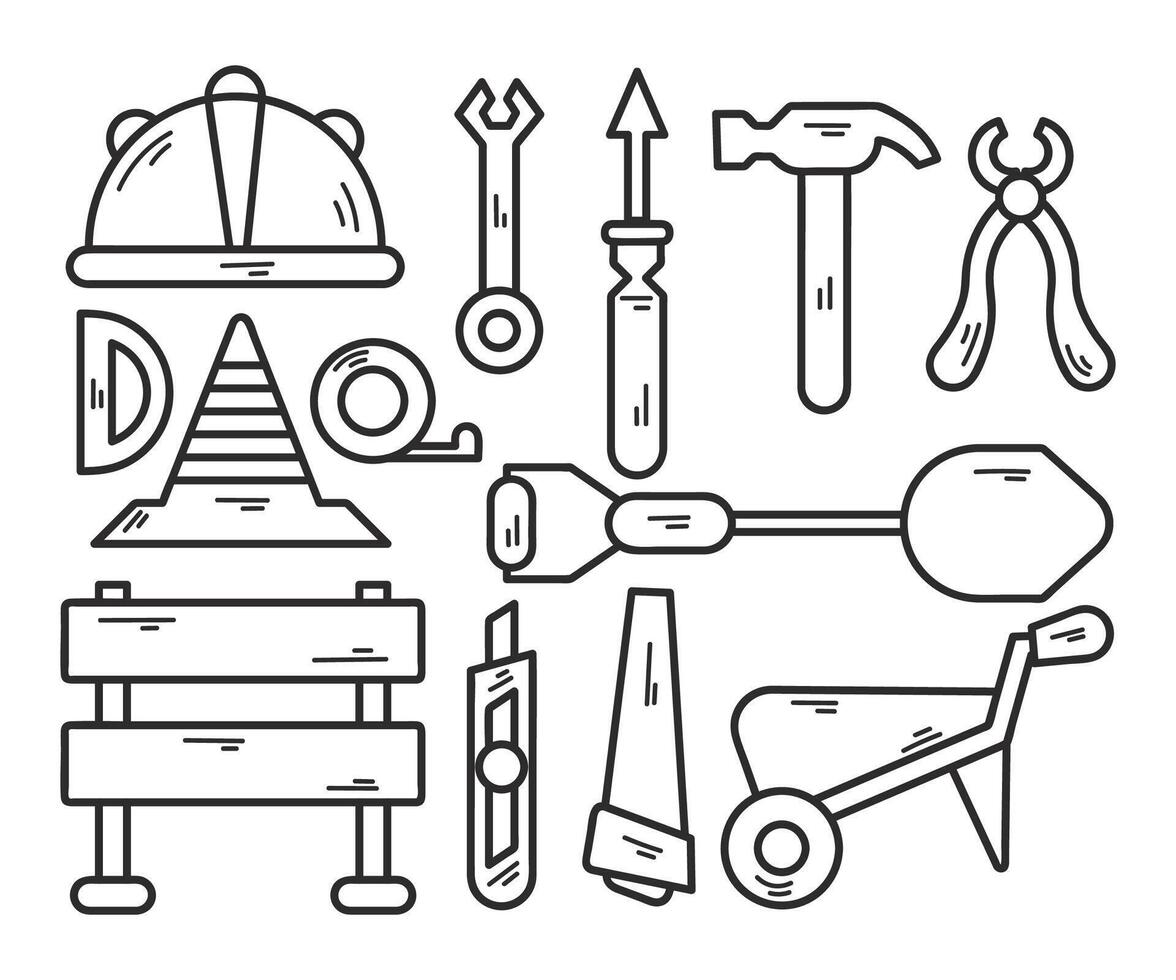 Set of Hand Drawn Builder Tools in Black and White Doodle Style vector