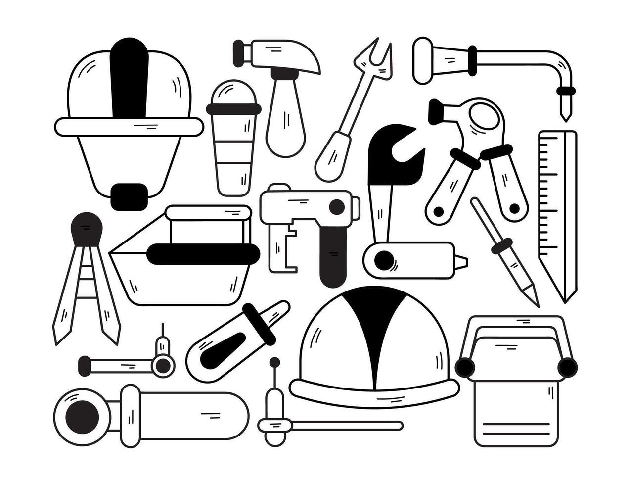 Hand Drawing of Builder's Tools in Black and White Doodle Style vector