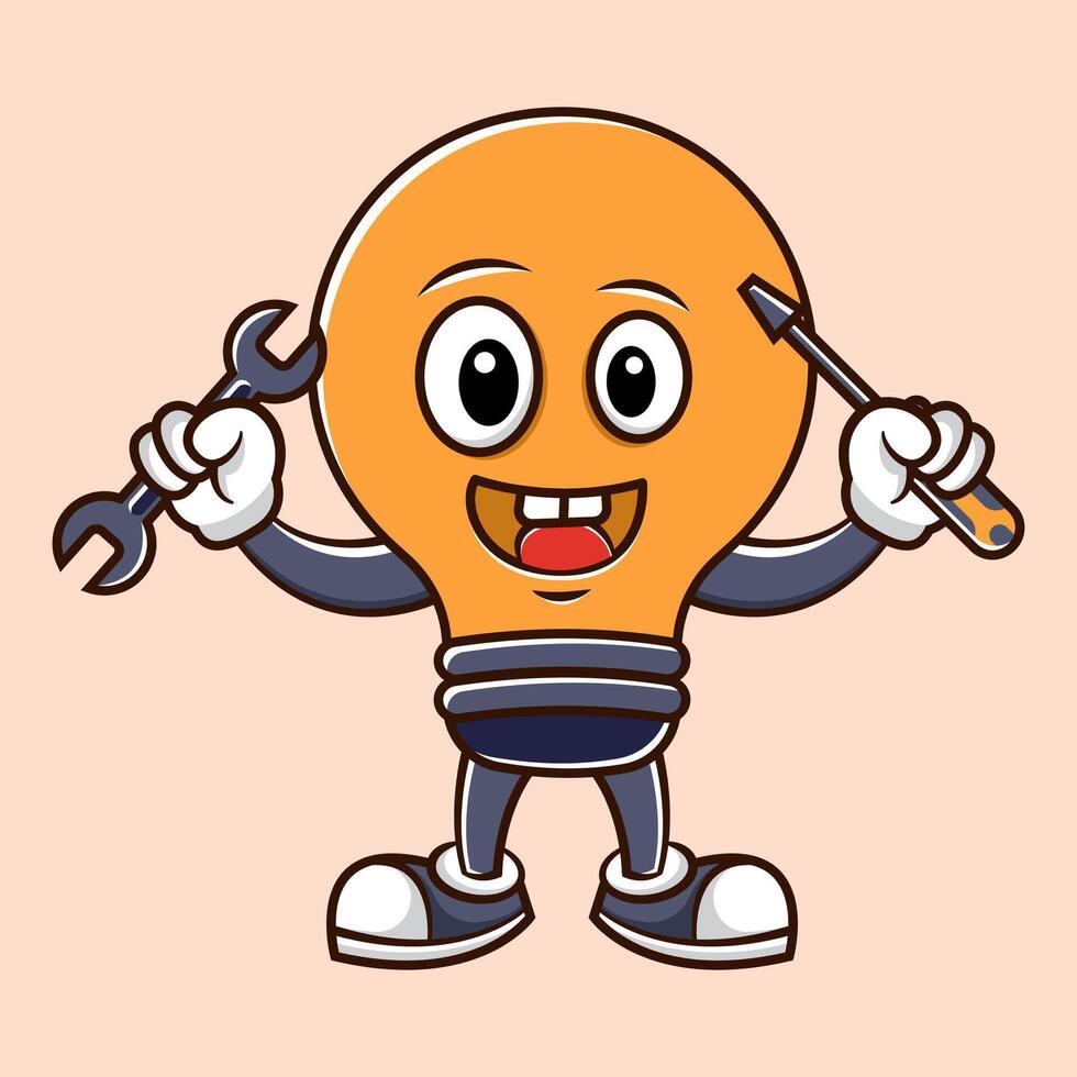 Idea Character Illustration with Light Bulb Symbol Holding a tool vector