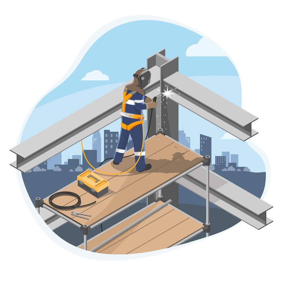 Construction worker welding steel beams on elevated scaffolding with full safety gear at urban building site isometric cartoon vector