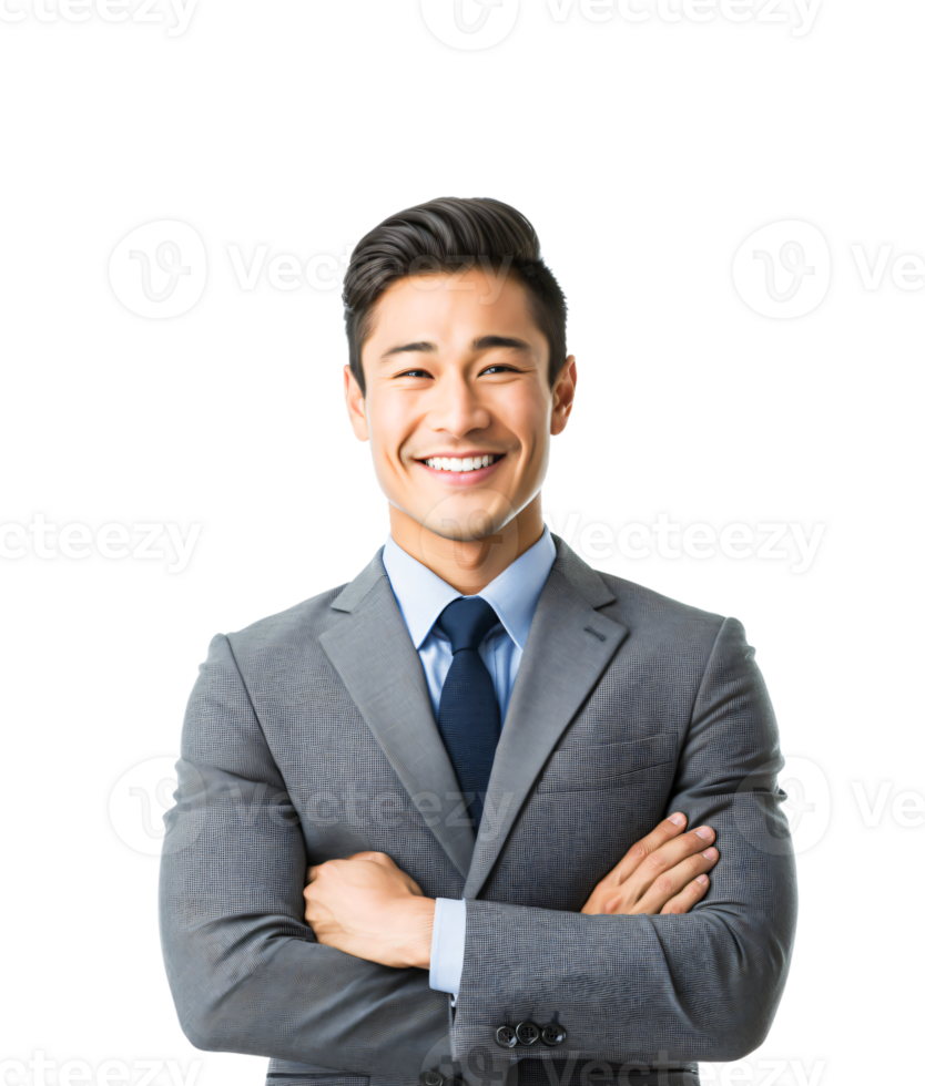 Confident Asian Businessman in Gray Suit Arms Crossed Smiling Portrait png