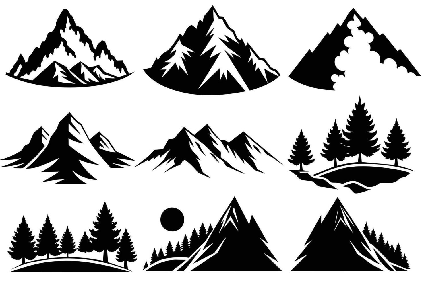 Nine black and white mountain landscape illustrations vector