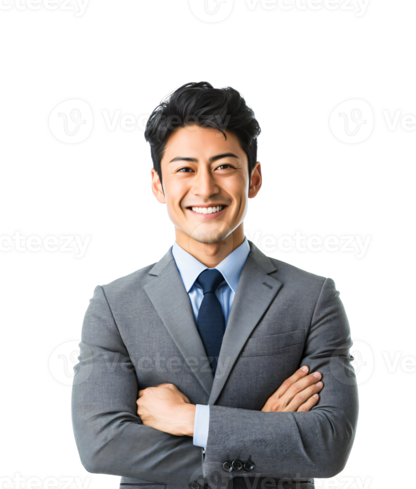 Confident Asian Businessman in Grey Suit Arms Crossed Portrait png