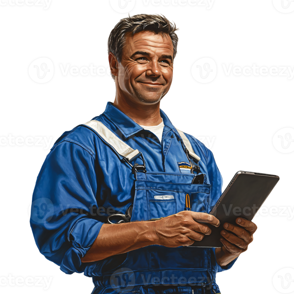 Confident Male Mechanic Using Digital Tablet Blue Overalls Technology Service png
