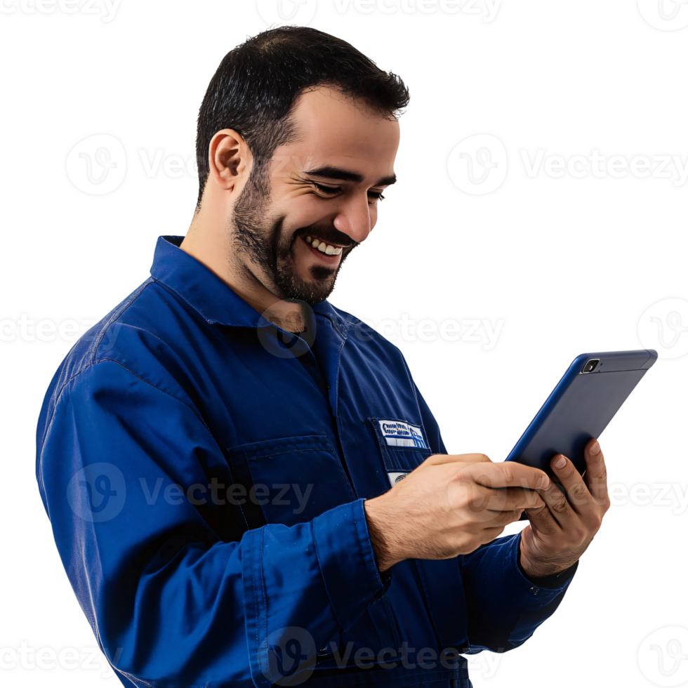 Happy Male Mechanic Using Digital Tablet Smiling Blue Uniform Technology png