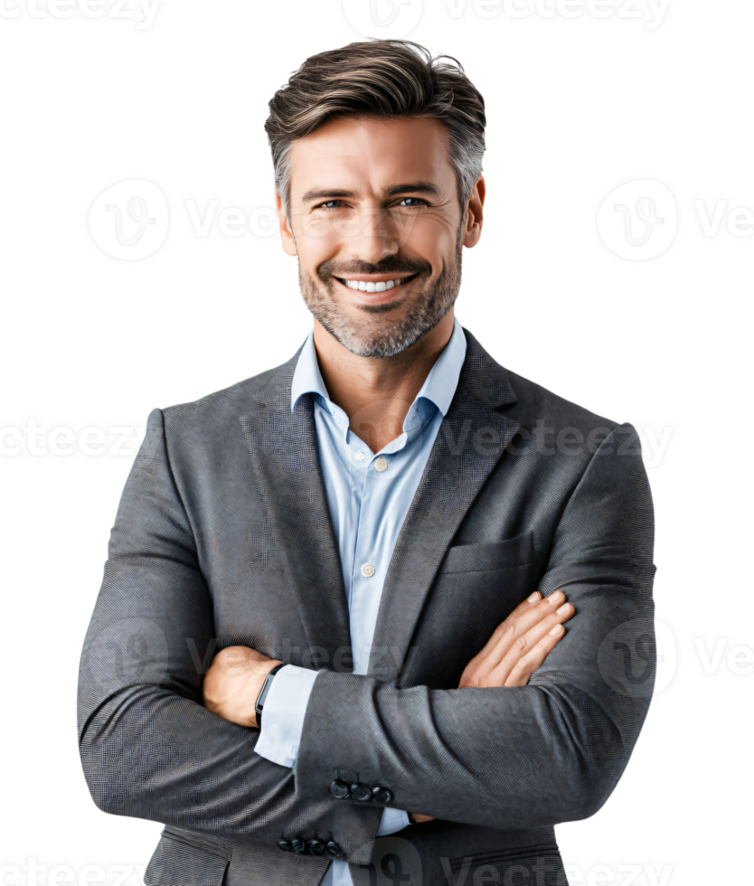 Confident Mature Man in Gray Suit Portrait Arms Crossed Smiling png