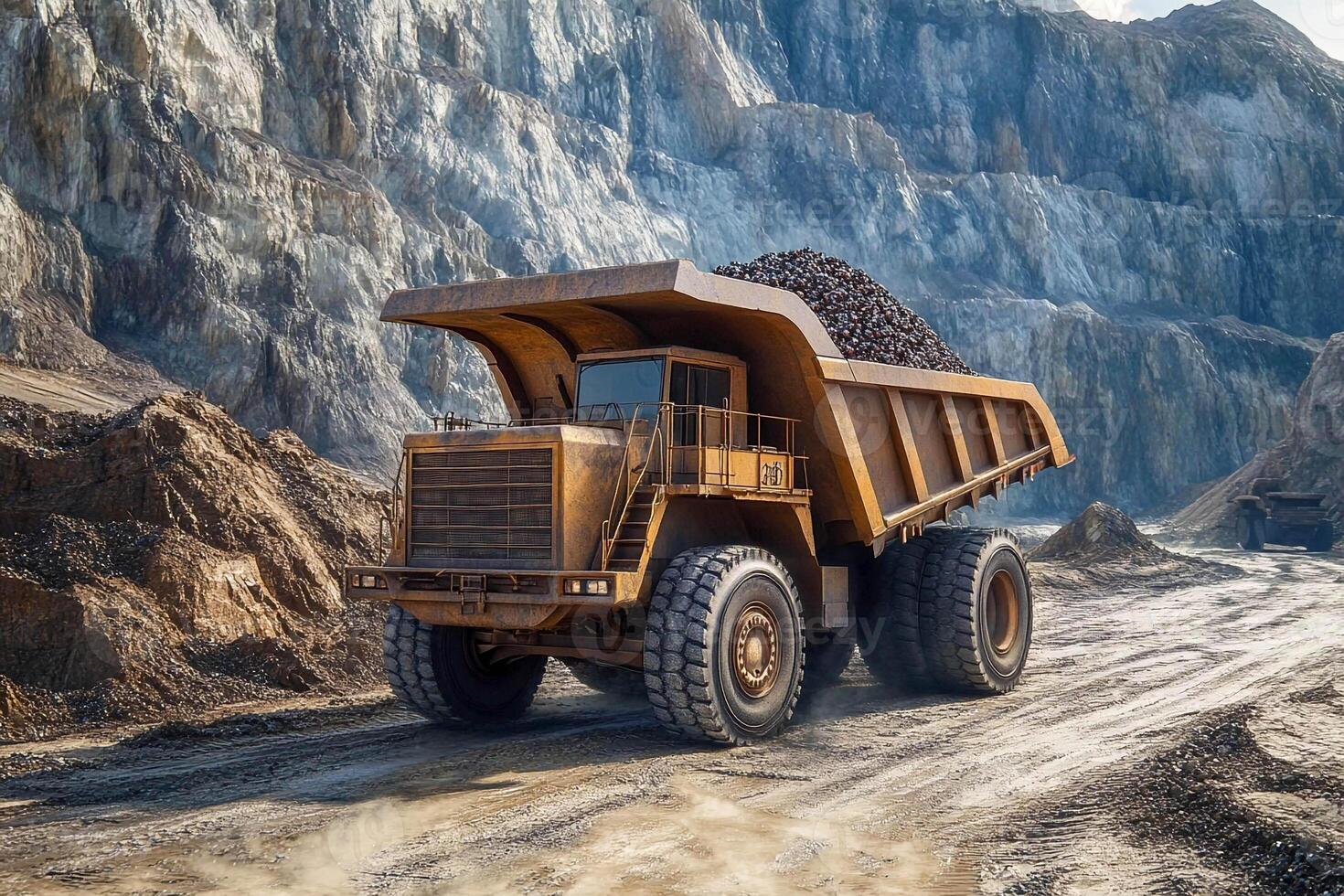 A large dump truck driving through a mine photo